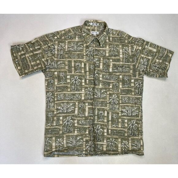VINTAGE Pierre Cardin Shirt Men Medium Green Palm Trees Print Short Sleeve - Picture 1 of 5